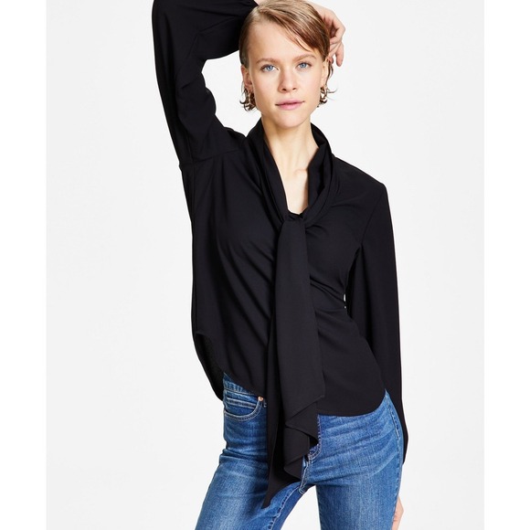 Bar III Tie-Neck Sheer Blouse Long Sleeve Flowy Elegant Black Top Size L NWT - Picture 1 of 9